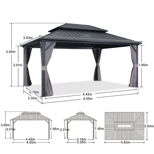 PURPLE LEAF Tonnelle Rigide Gris Modèle Léger Toit Double Robuste Acier Galvanisé Pergola Aluminium Avec Guirlandes Lumineuses Lait