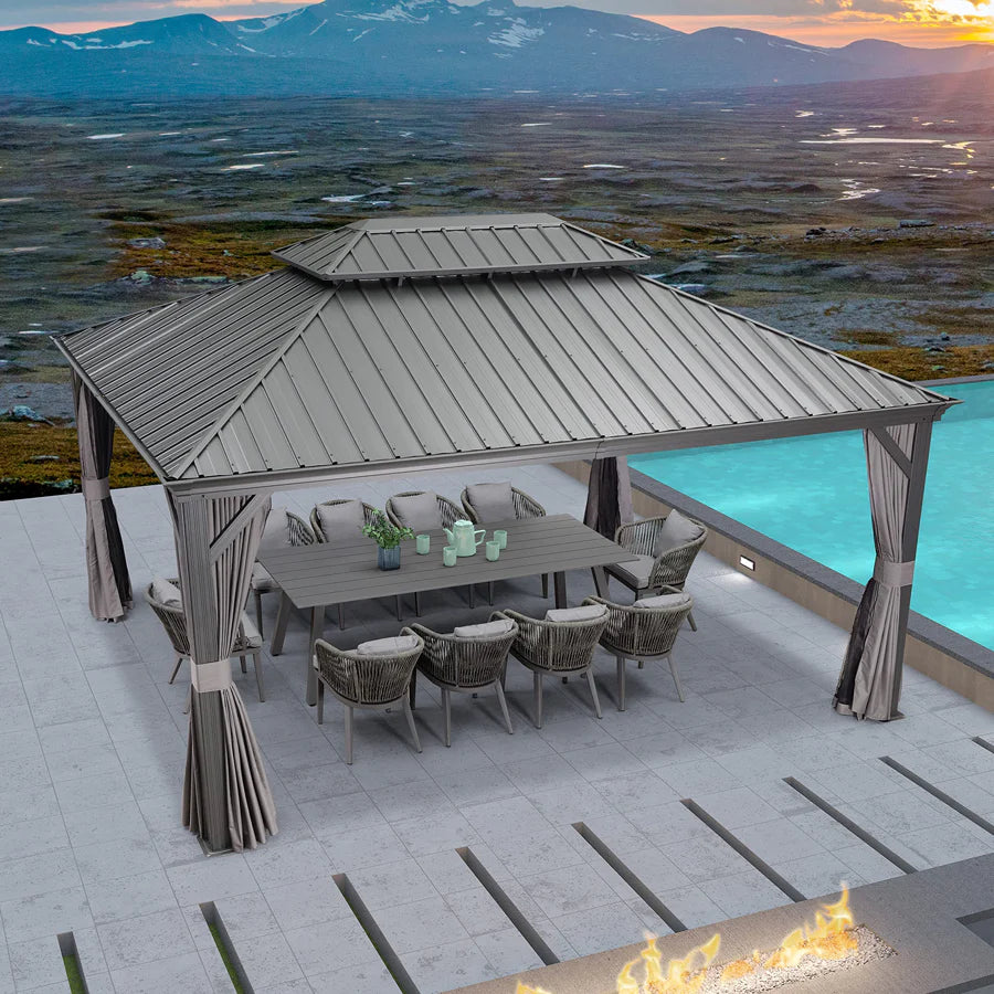 PURPLE LEAF Tonnelle De Jardin Exterieur Tonnelle Pergola Aluminum Avec Moustiquaire Et Rideaux Pavillon De Jardin à Double Toit Acier Galvanisé, Gris