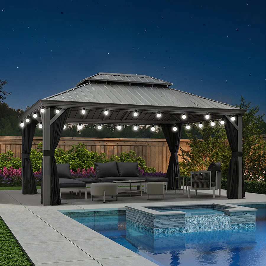PURPLE LEAF Pavillon Rigide Extérieur en Gris Clair Pergola Aluminium Toit Double Avec Guirlande Lumineuse Lait