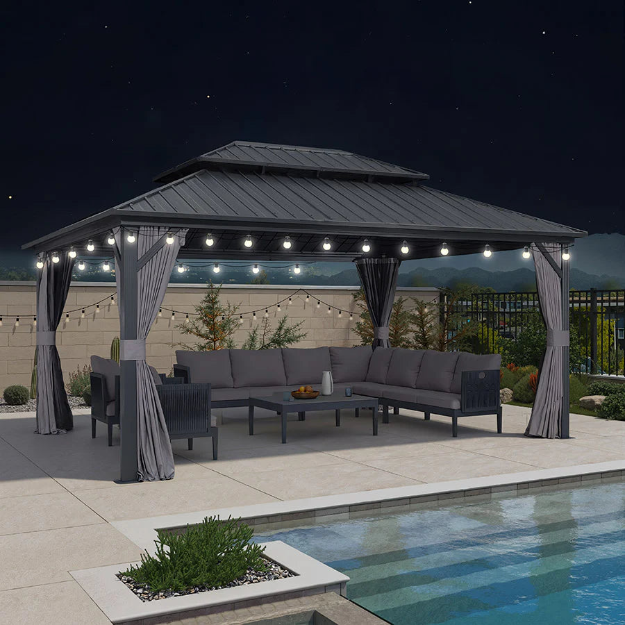 PURPLE LEAF Tonnelle Rigide Gris Modèle Léger Toit Double Robuste Acier Galvanisé Pergola Aluminium Avec Guirlandes Lumineuses Lait