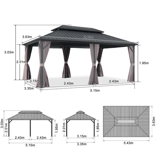 PURPLE LEAF Tonnelle Rigide Gris Modèle Léger Toit Double Robuste Acier Galvanisé Pergola Aluminium Avec Guirlandes Lumineuses Lait