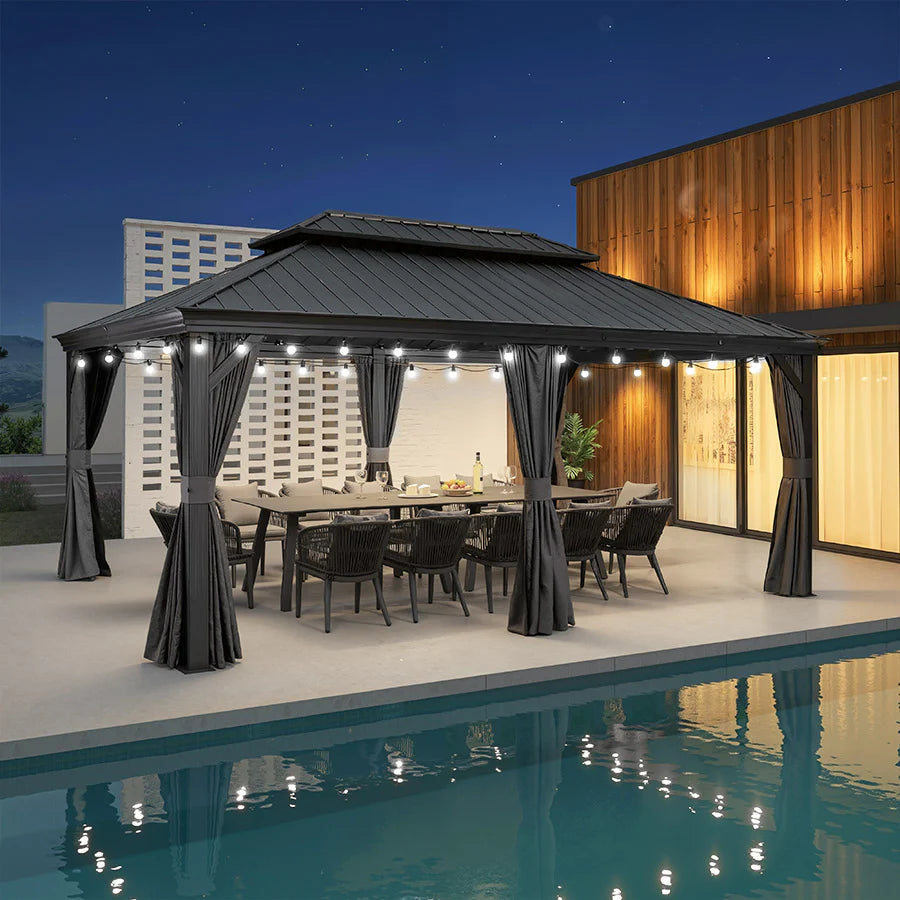 PURPLE LEAF Tonnelle de Jardin Gamme Luxe avec Éclairage LED Intégré - Abat-Jour Blanc Opalin Anti-Éblouissement, Pavillon Gris