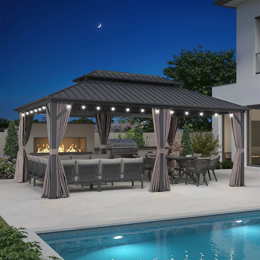 PURPLE LEAF Tonnelle Rigide Gris Modèle Léger Toit Double Robuste Acier Galvanisé Pergola Aluminium Avec Guirlandes Lumineuses Lait