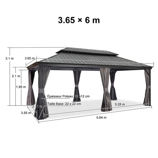 PURPLE LEAF Tonnelle de Jardin Gamme Luxe avec Éclairage LED Intégré - Abat-Jour Blanc Opalin Anti-Éblouissement, Pavillon Gris