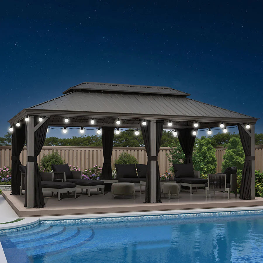 PURPLE LEAF Pavillon Rigide Extérieur en Gris Clair Pergola Aluminium Toit Double Avec Guirlande Lumineuse Lait