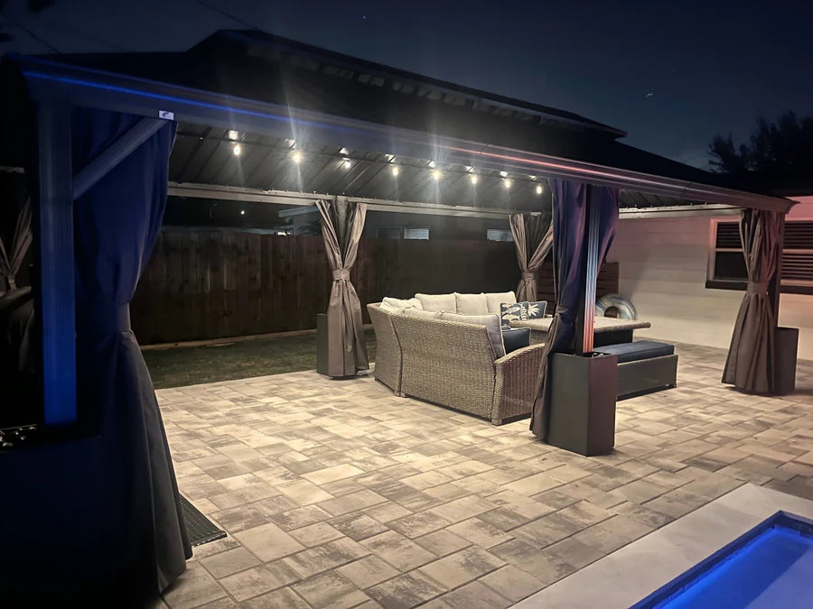 PURPLE LEAF Tonnelle de Jardin Gamme Luxe avec Éclairage LED Intégré - Abat-Jour Blanc Opalin Anti-Éblouissement, Pavillon Gris