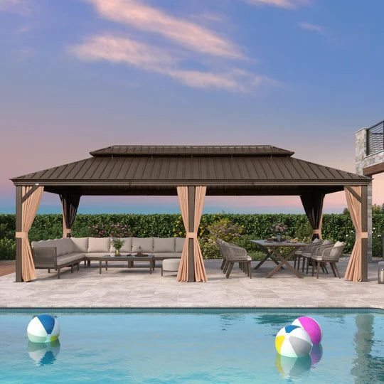 PURPLE LEAF Tonnelle De Jardin Tonnelle Pergola Aluminum Avec Moustiquaire Et Rideaux Pavillon De Jardin à Double Toit Acier Galvanisé, Bronze