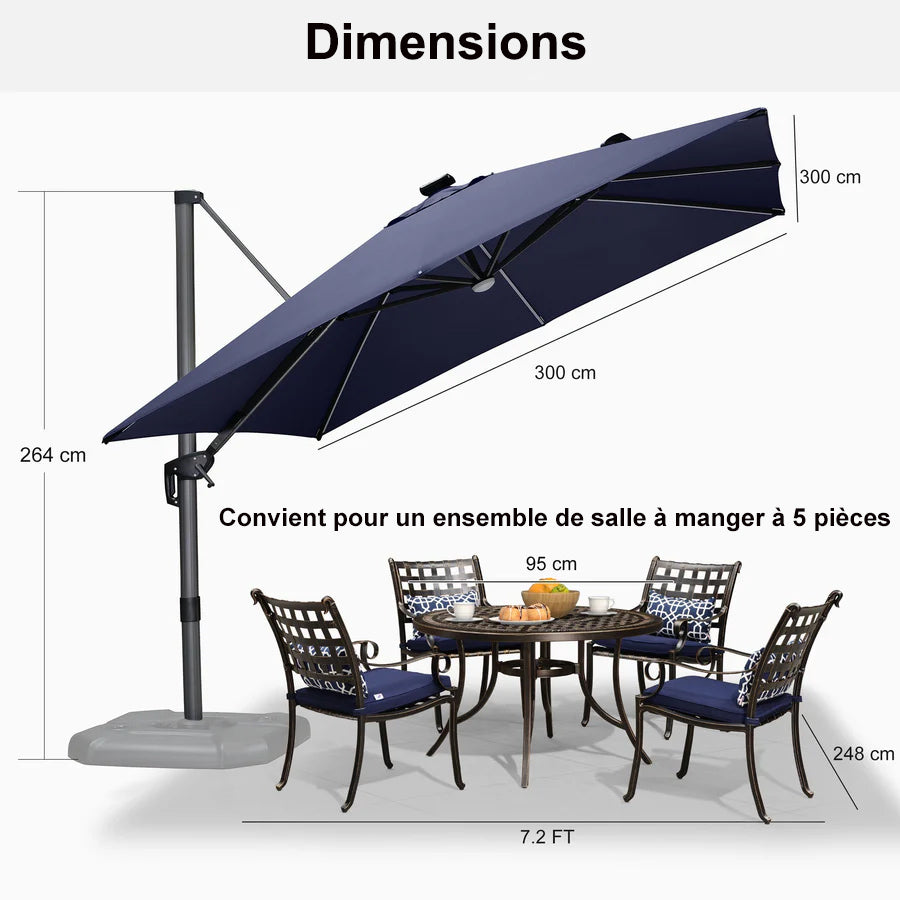 PURPLE LEAF Parasol Déporté avec LED Solaire 3 x 3 m Carré Inclinable avec socle