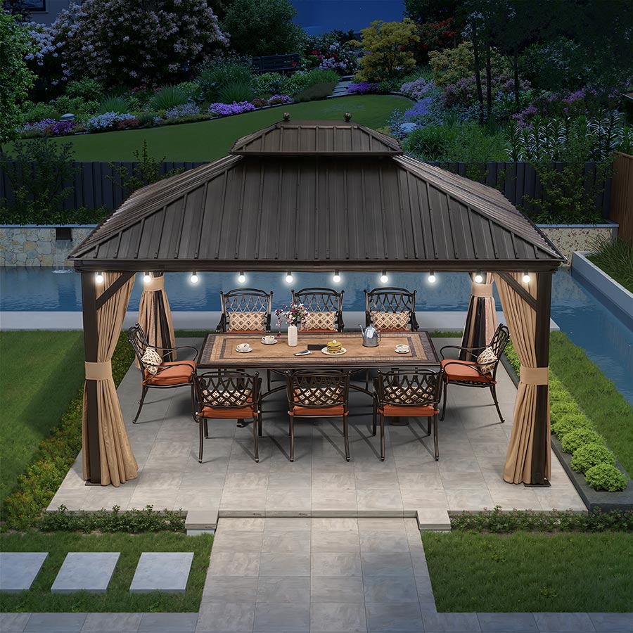 PURPLE LEAF Tonnelle de Jardin Avec Toit Rigide Double Toit de Bronze Pergola Aluminium, Avec Guirlande Lumineuse Blanc Lait