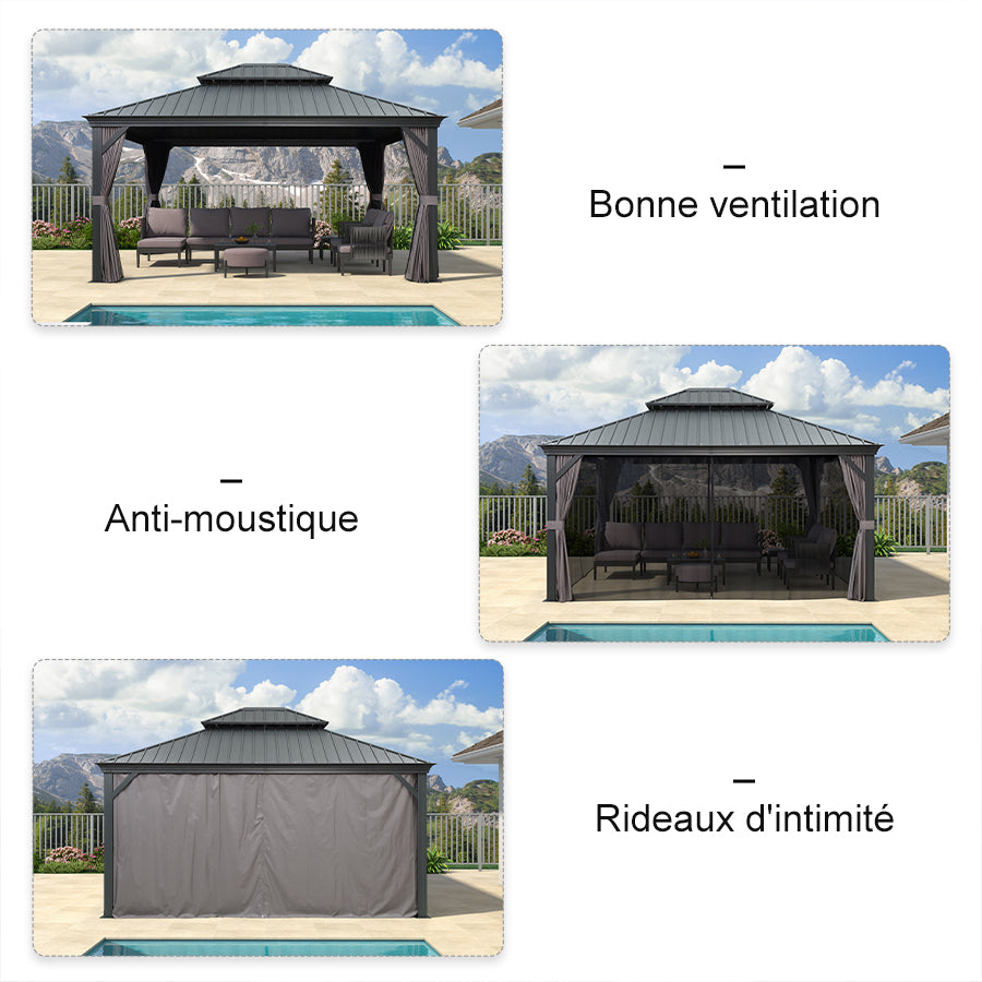 PURPLE LEAF Tonnelle De Jardin Exterieur Tonnelle Pergola Aluminum Avec Moustiquaire Et Rideaux Pavillon De Jardin à Double Toit Acier Galvanisé, Gris