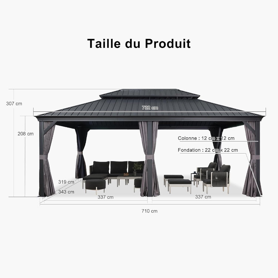 PURPLE LEAF Tonnelle De Jardin Exterieur Tonnelle Pergola Aluminum Avec Moustiquaire Et Rideaux Pavillon De Jardin à Double Toit Acier Galvanisé, Gris