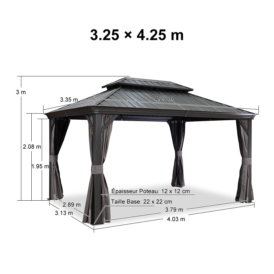 PURPLE LEAF Tonnelle De Jardin Exterieur Tonnelle Pergola Aluminum Avec Moustiquaire Et Rideaux Pavillon De Jardin à Double Toit Acier Galvanisé, Gris