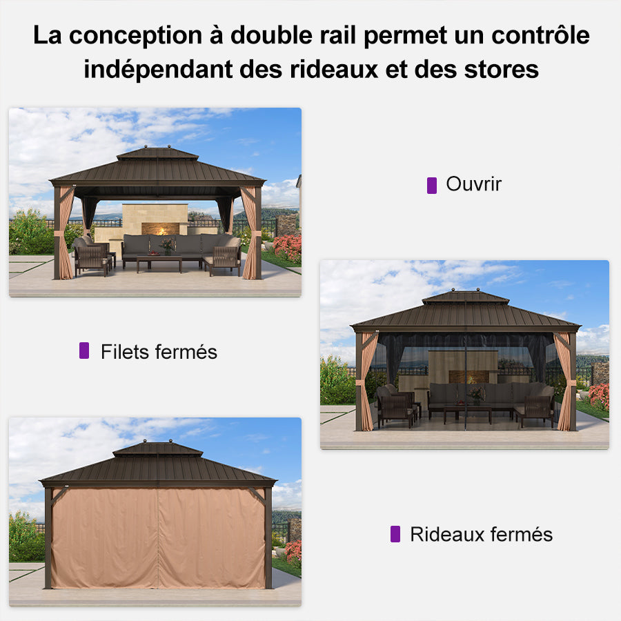 PURPLE LEAF Tonnelle De Jardin Tonnelle Pergola Aluminum Avec Moustiquaire Et Rideaux Pavillon De Jardin à Double Toit Acier Galvanisé, Bronze