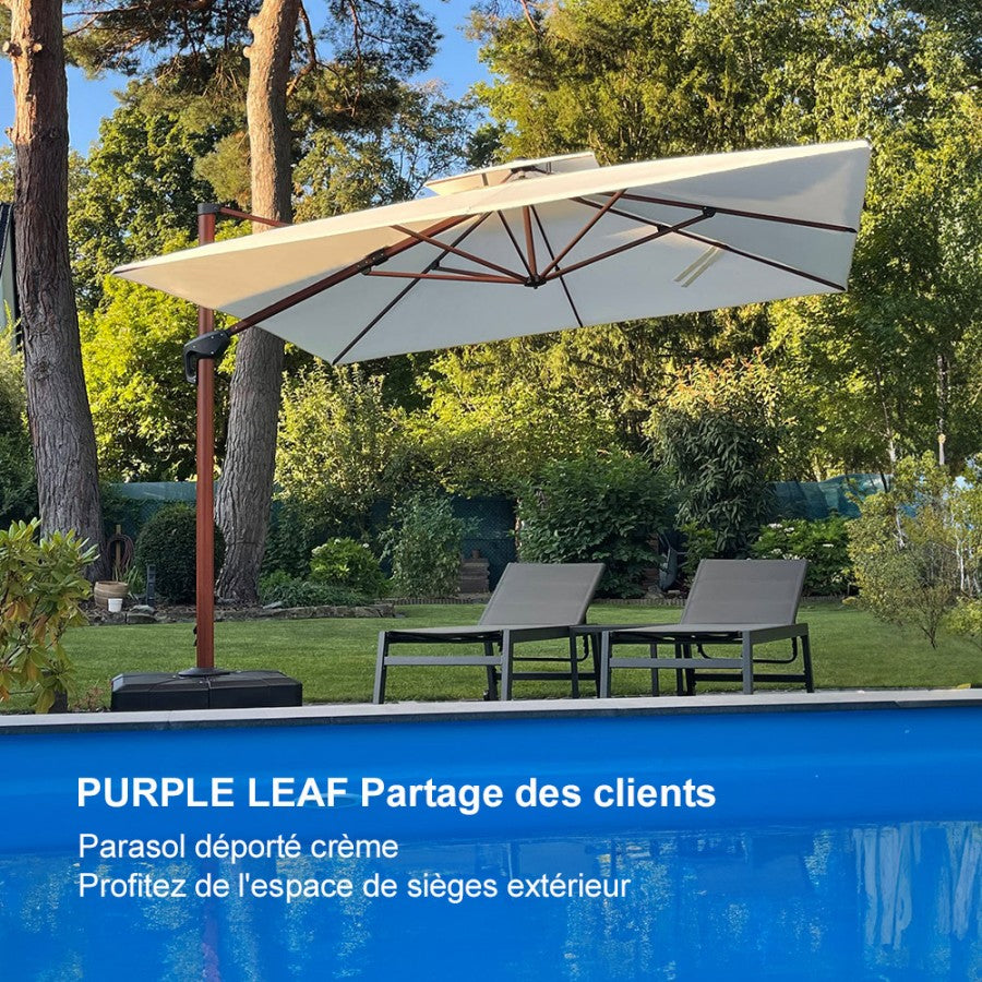 PURPLE LEAF Parasol Déporté Carré Grain de Bois en Aluminium avec socle