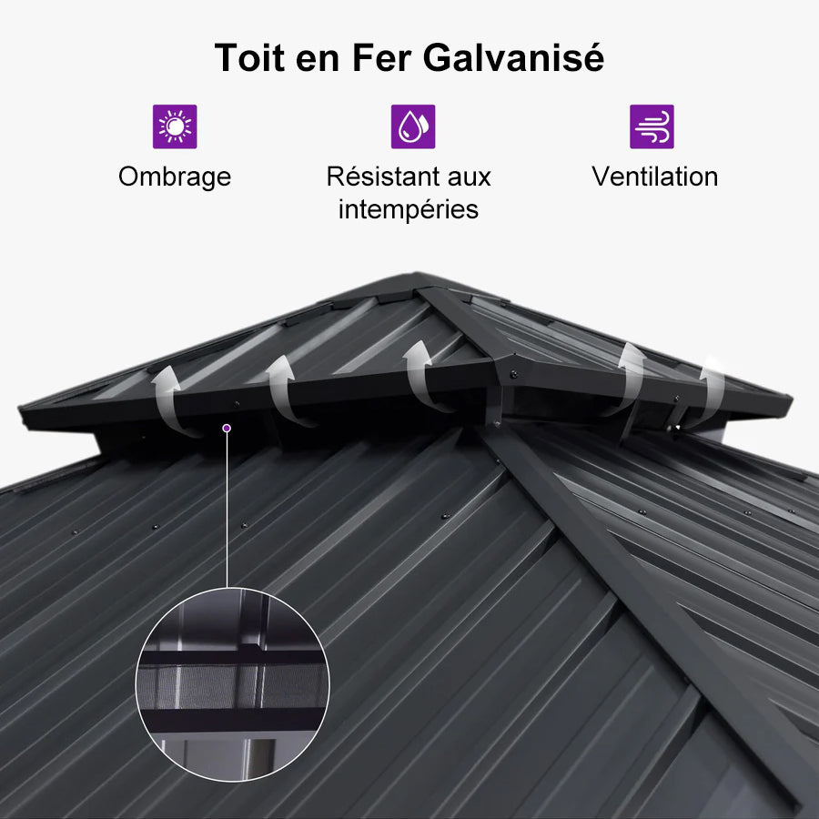 PURPLE LEAF Tonnelle De Jardin Exterieur Tonnelle Pergola Aluminum Avec Moustiquaire Et Rideaux Pavillon De Jardin à Double Toit Acier Galvanisé, Gris