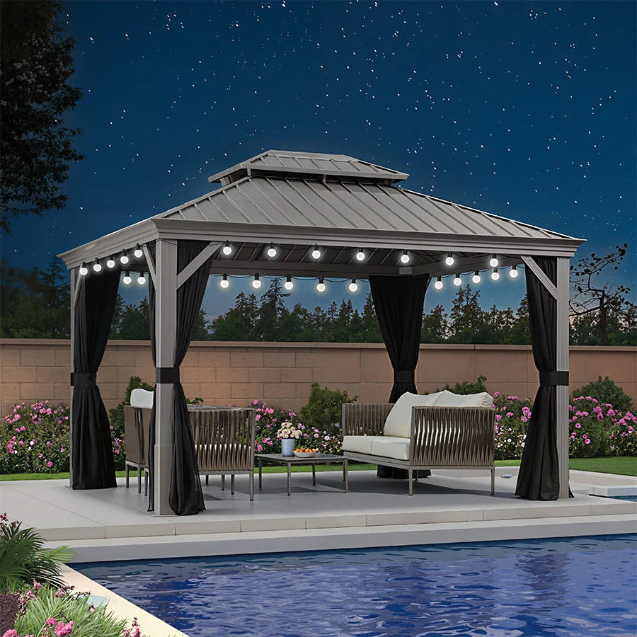 PURPLE LEAF Pavillon Rigide Extérieur en Gris Clair Pergola Aluminium Toit Double Avec Guirlande Lumineuse Lait