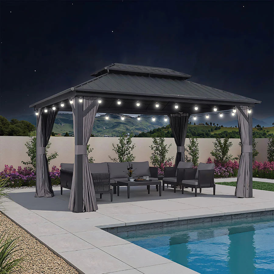 PURPLE LEAF Tonnelle Rigide Gris Modèle Léger Toit Double Robuste Acier Galvanisé Pergola Aluminium Avec Guirlandes Lumineuses Lait