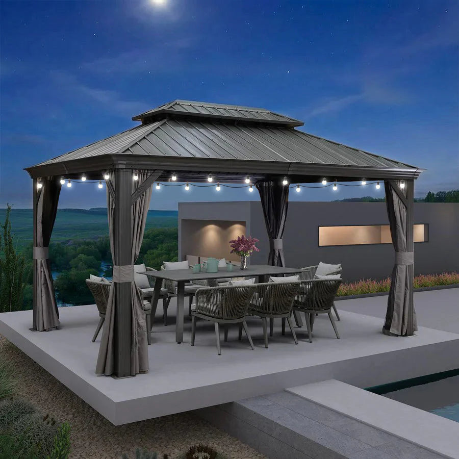 PURPLE LEAF Tonnelle de Jardin Gamme Luxe avec Éclairage LED Intégré - Abat-Jour Blanc Opalin Anti-Éblouissement, Pavillon Gris