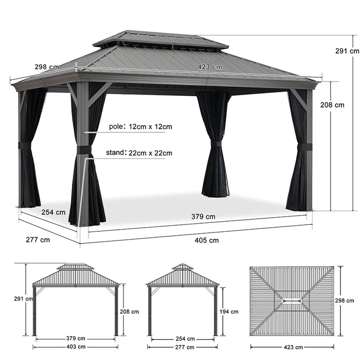 PURPLE LEAF Tonnelle de Jardin Pour Terrasse, Abris de Soleil Avec Toit Rigide en Acier Galvanisé, Equipée de Rideaux, Gris Clair