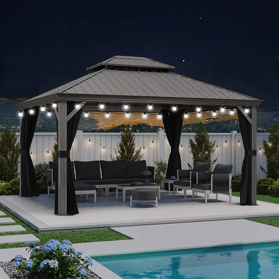 PURPLE LEAF Pavillon Rigide Extérieur en Gris Clair Pergola Aluminium Toit Double Avec Guirlande Lumineuse Lait