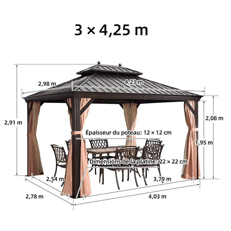 PURPLE LEAF Tonnelle de Jardin Toit Rigide - Pavillon de Terrasse avec Rideaux & Moustiquaire, Anti-Vent & Pluie, Structure Aluminium & Acier Galvanisé Bronze