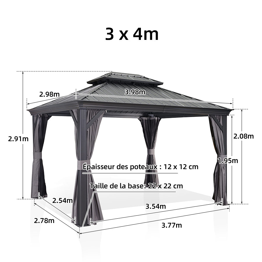 PURPLE LEAF Tonnelle De Jardin Exterieur Tonnelle Pergola Aluminum Avec Moustiquaire Et Rideaux Pavillon De Jardin à Double Toit Acier Galvanisé, Gris