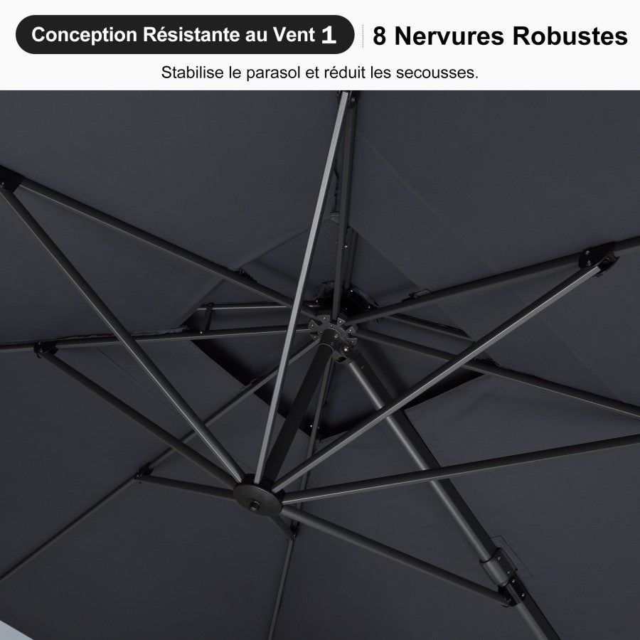 PURPLE LEAF Parasol Déporté avec Cadre Anthracite Inclinable à Rotation 360° avec Manivelle Parasol de Jardin Carré Rectangle