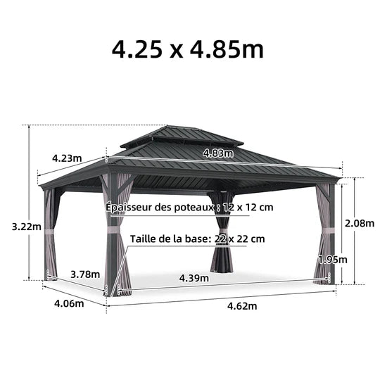 PURPLE LEAF Tonnelle de Jardin Gamme Luxe avec Éclairage LED Intégré - Abat-Jour Blanc Opalin Anti-Éblouissement, Pavillon Gris