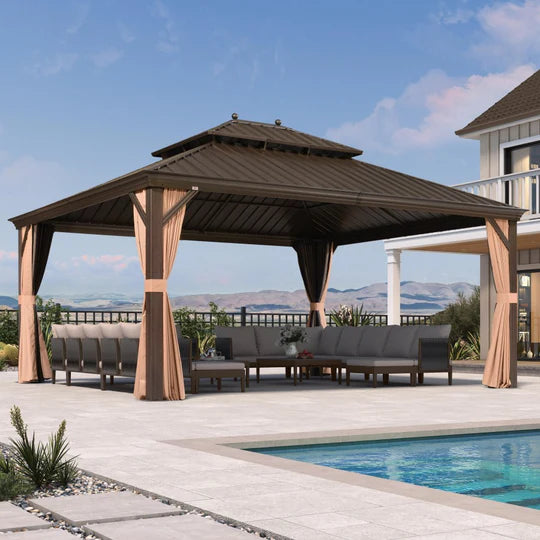 PURPLE LEAF Tonnelle De Jardin Tonnelle Pergola Aluminum Avec Moustiquaire Et Rideaux Pavillon De Jardin à Double Toit Acier Galvanisé, Bronze