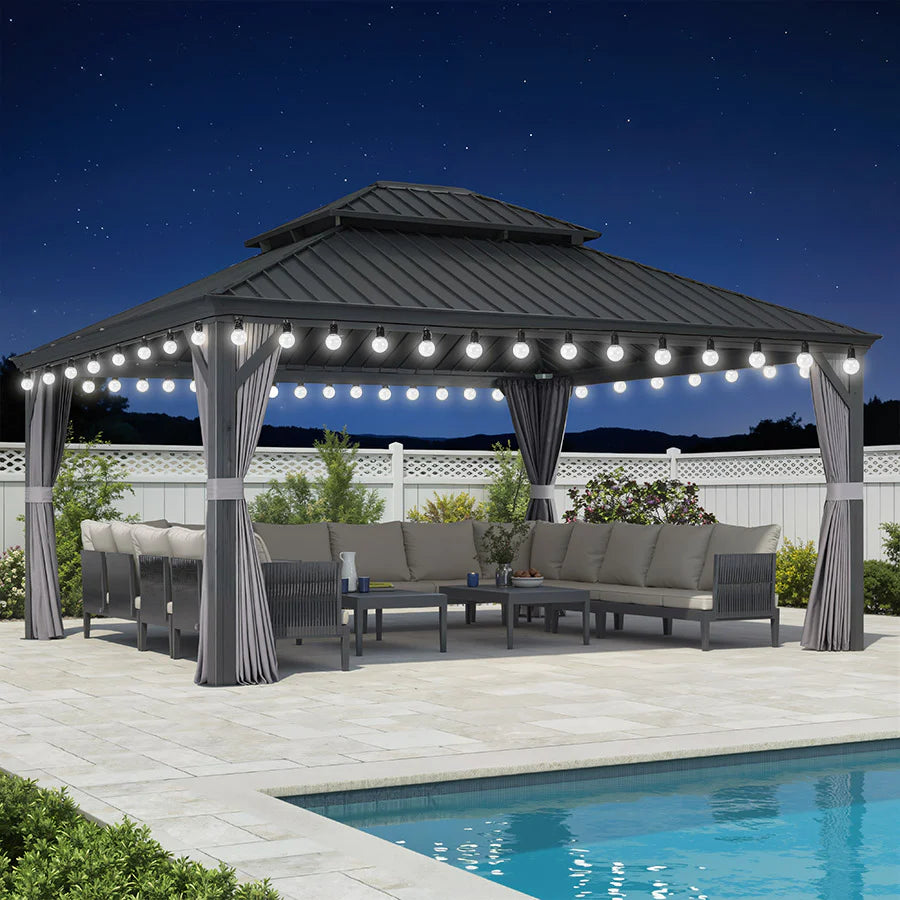 PURPLE LEAF Tonnelle de Jardin Gamme Luxe avec Éclairage LED Intégré - Abat-Jour Blanc Opalin Anti-Éblouissement, Pavillon Gris