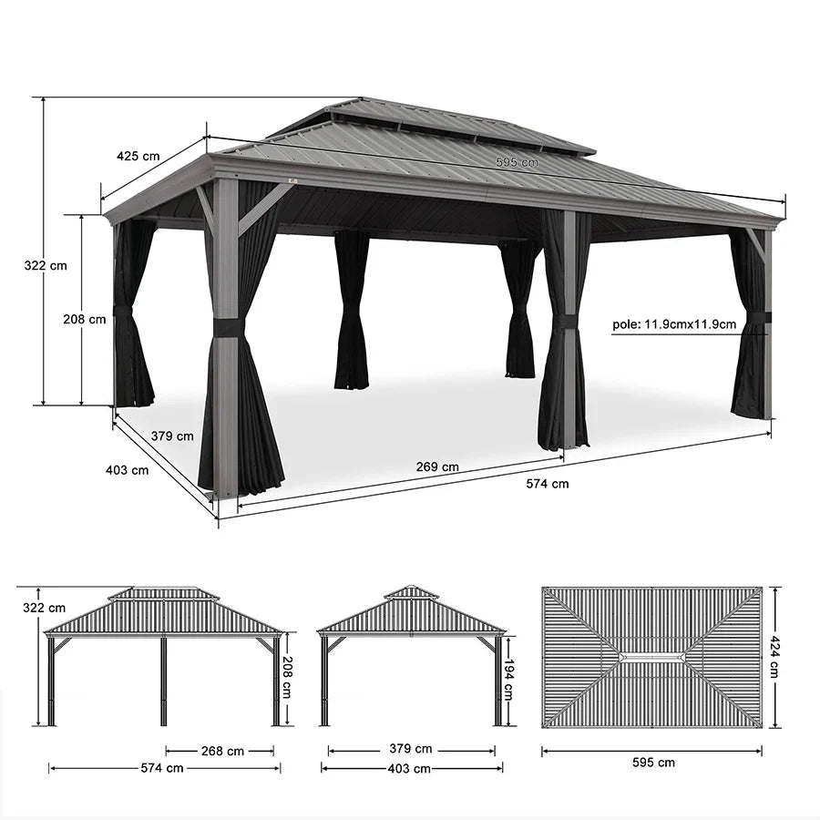 PURPLE LEAF Pavillon Rigide Extérieur en Gris Clair Pergola Aluminium Toit Double Avec Guirlande Lumineuse Lait