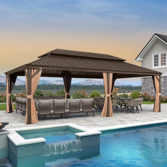 PURPLE LEAF Tonnelle De Jardin Tonnelle Pergola Aluminum Avec Moustiquaire Et Rideaux Pavillon De Jardin à Double Toit Acier Galvanisé, Bronze