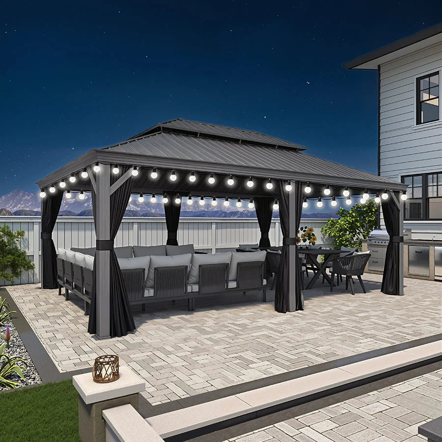 PURPLE LEAF Pavillon Rigide Extérieur en Gris Clair Pergola Aluminium Toit Double Avec Guirlande Lumineuse Lait