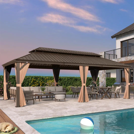 PURPLE LEAF Tonnelle De Jardin Tonnelle Pergola Aluminum Avec Moustiquaire Et Rideaux Pavillon De Jardin à Double Toit Acier Galvanisé, Bronze