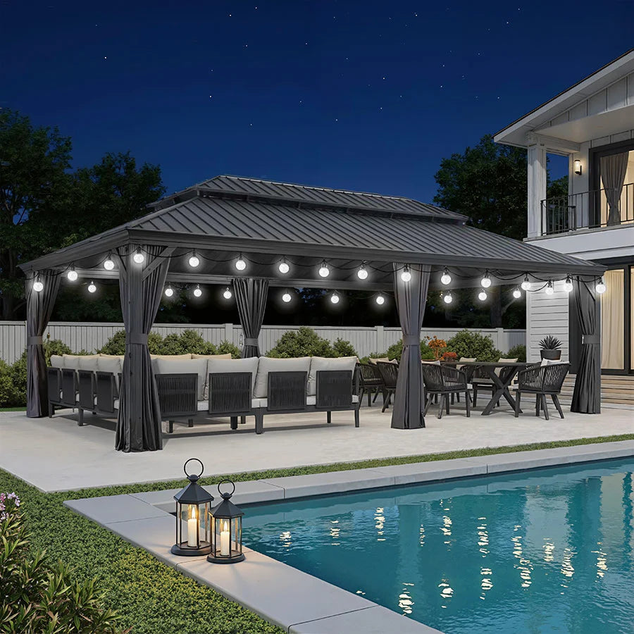 PURPLE LEAF Tonnelle de Jardin Gamme Luxe avec Éclairage LED Intégré - Abat-Jour Blanc Opalin Anti-Éblouissement, Pavillon Gris