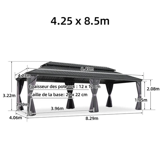 PURPLE LEAF Tonnelle de Jardin Gamme Luxe avec Éclairage LED Intégré - Abat-Jour Blanc Opalin Anti-Éblouissement, Pavillon Gris