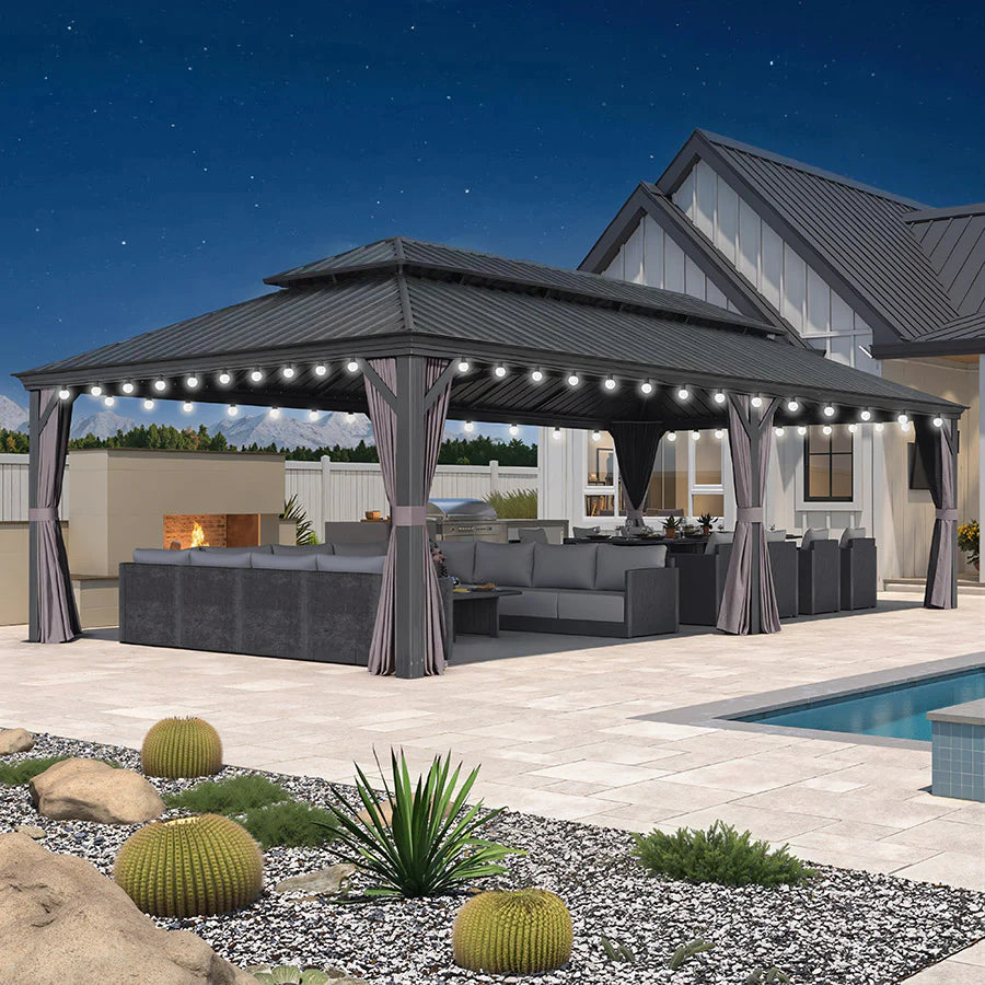 PURPLE LEAF Tonnelle de Jardin Gamme Luxe avec Éclairage LED Intégré - Abat-Jour Blanc Opalin Anti-Éblouissement, Pavillon Gris