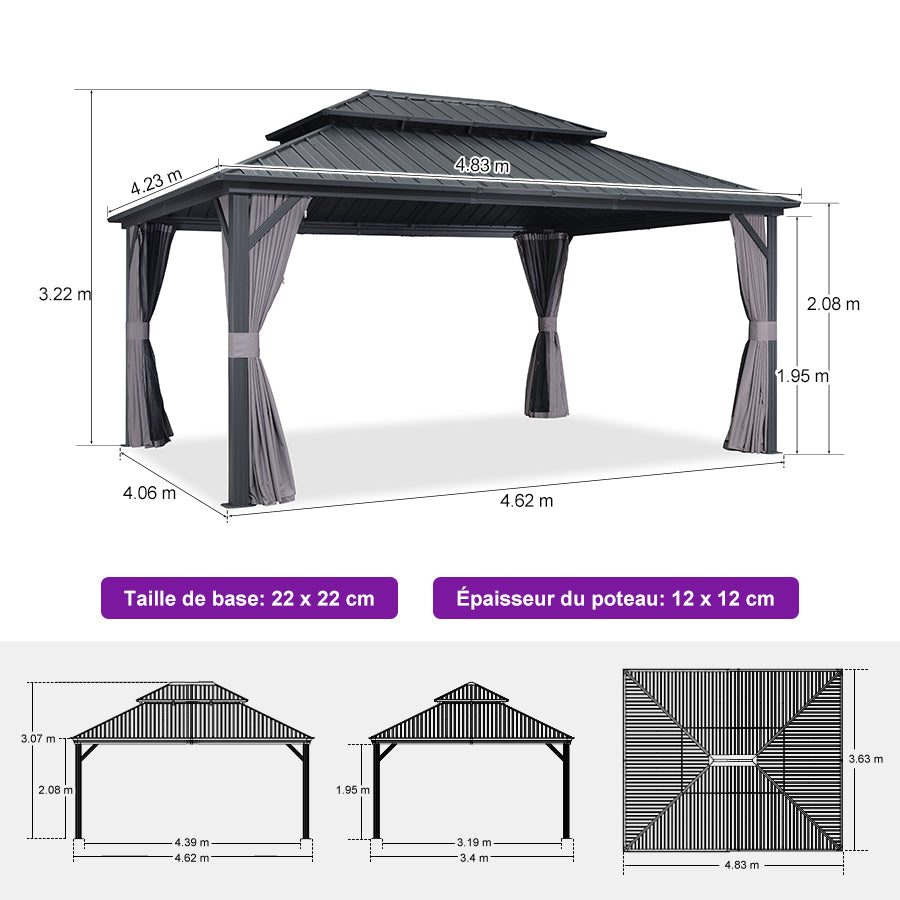 PURPLE LEAF Tonnelle De Jardin Exterieur Tonnelle Pergola Aluminum Avec Moustiquaire Et Rideaux Pavillon De Jardin à Double Toit Acier Galvanisé, Gris