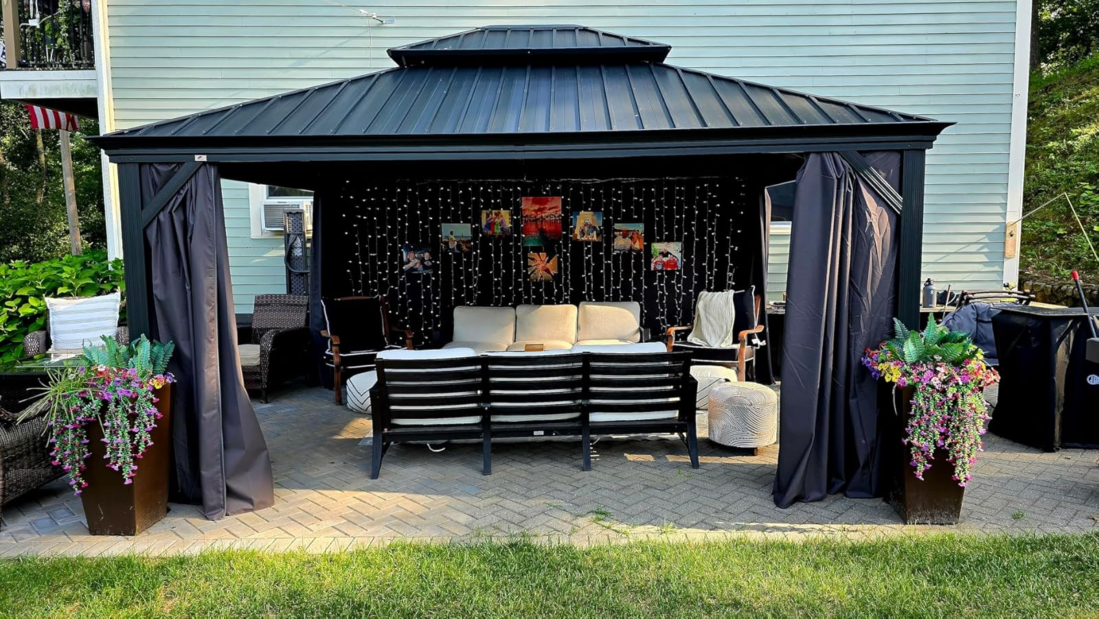 PURPLE LEAF Tonnelle De Jardin Exterieur Tonnelle Pergola Aluminum Avec Moustiquaire Et Rideaux Pavillon De Jardin à Double Toit Acier Galvanisé, Gris