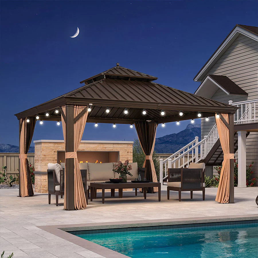 PURPLE LEAF Tonnelle de Jardin Avec Toit Rigide Double Toit de Bronze Pergola Aluminium, Avec Guirlande Lumineuse Blanc Lait