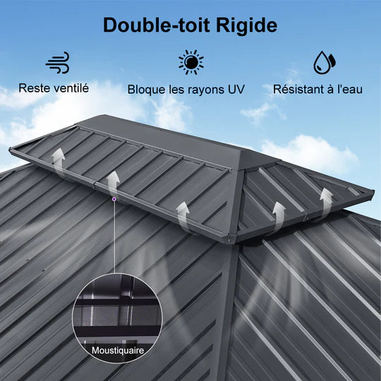 PURPLE LEAF Tonnelle Rigide Gris Modèle Léger Toit Double Robuste Acier Galvanisé Pergola Aluminium Avec Guirlandes Lumineuses Lait