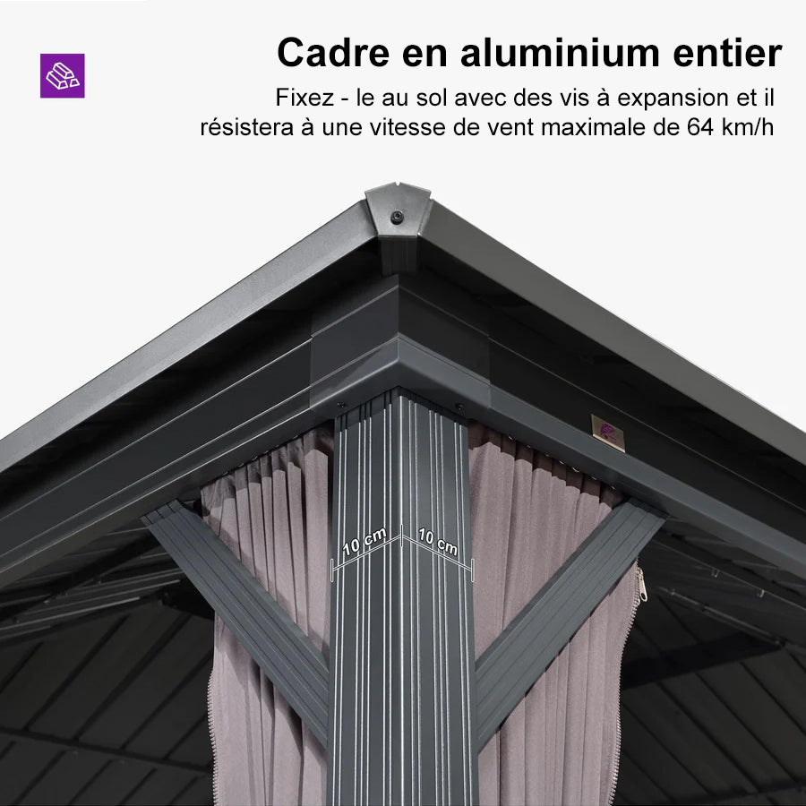 PURPLE LEAF Tonnelle De Jardin Exterieur Tonnelle Pergola Aluminum Avec Moustiquaire Et Rideaux Pavillon De Jardin à Double Toit Acier Galvanisé, Gris