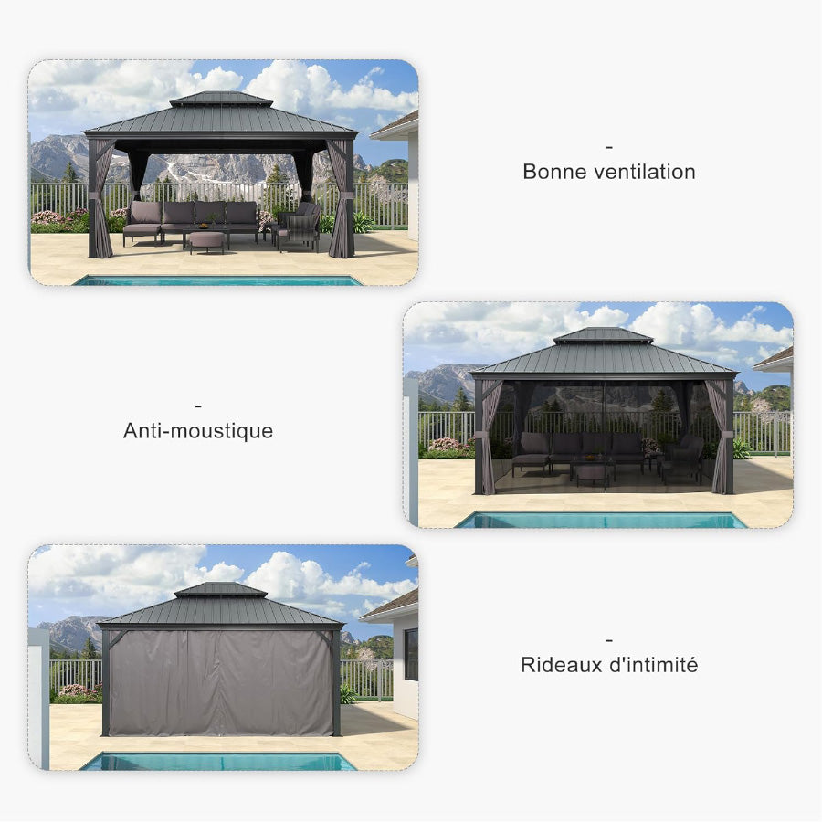 PURPLE LEAF Tonnelle De Jardin Exterieur Tonnelle Pergola Aluminum Avec Moustiquaire Et Rideaux Pavillon De Jardin à Double Toit Acier Galvanisé, Gris