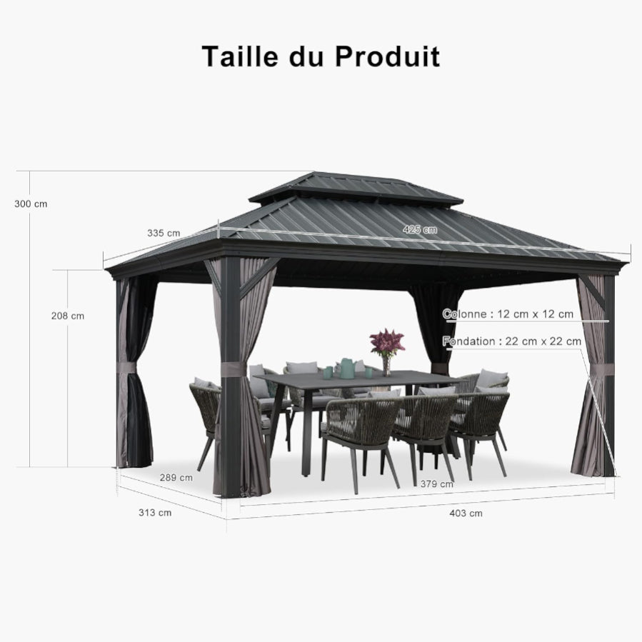 PURPLE LEAF Tonnelle De Jardin Exterieur Tonnelle Pergola Aluminum Avec Moustiquaire Et Rideaux Pavillon De Jardin à Double Toit Acier Galvanisé, Gris
