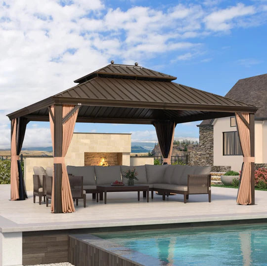 PURPLE LEAF Tonnelle De Jardin Tonnelle Pergola Aluminum Avec Moustiquaire Et Rideaux Pavillon De Jardin à Double Toit Acier Galvanisé, Bronze