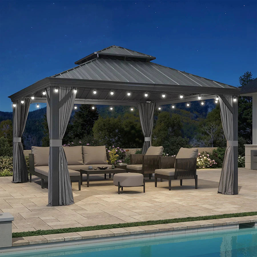 PURPLE LEAF Tonnelle de Jardin Gamme Luxe avec Éclairage LED Intégré - Abat-Jour Blanc Opalin Anti-Éblouissement, Pavillon Gris
