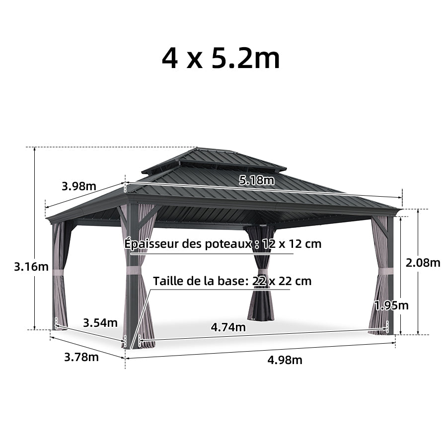 PURPLE LEAF Tonnelle De Jardin Exterieur Tonnelle Pergola Aluminum Avec Moustiquaire Et Rideaux Pavillon De Jardin à Double Toit Acier Galvanisé, Gris