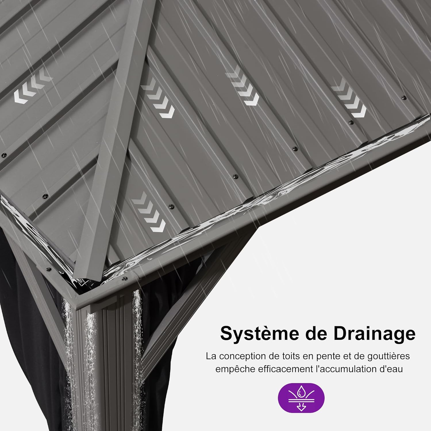 PURPLE LEAF Tonnelle de Jardin Pour Terrasse, Abris de Soleil Avec Toit Rigide en Acier Galvanisé, Equipée de Rideaux, Gris Clair