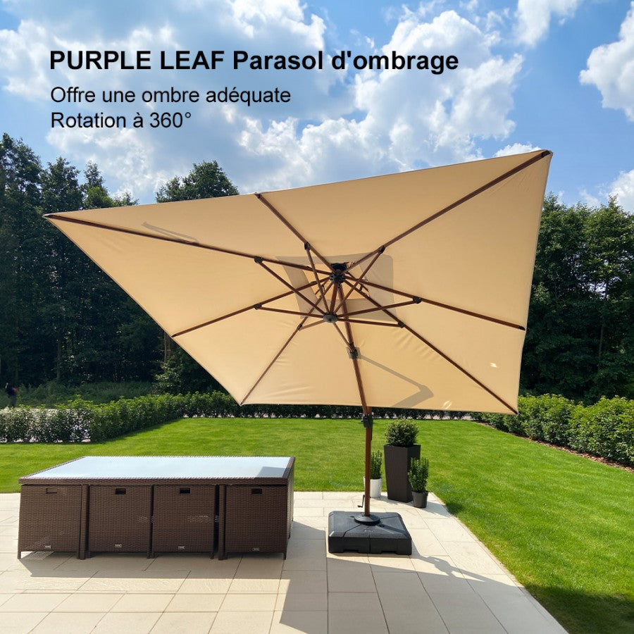 PURPLE LEAF Parasol Déporté Inclinable Grain de Bois en Aluminium Parasol De Jardin Extérieur Toit à Double Rotatif 360°