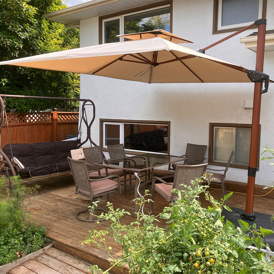 PURPLE LEAF Parasol Déporté Inclinable Grain de Bois en Aluminium Parasol De Jardin Extérieur Toit à Double Rotatif 360°